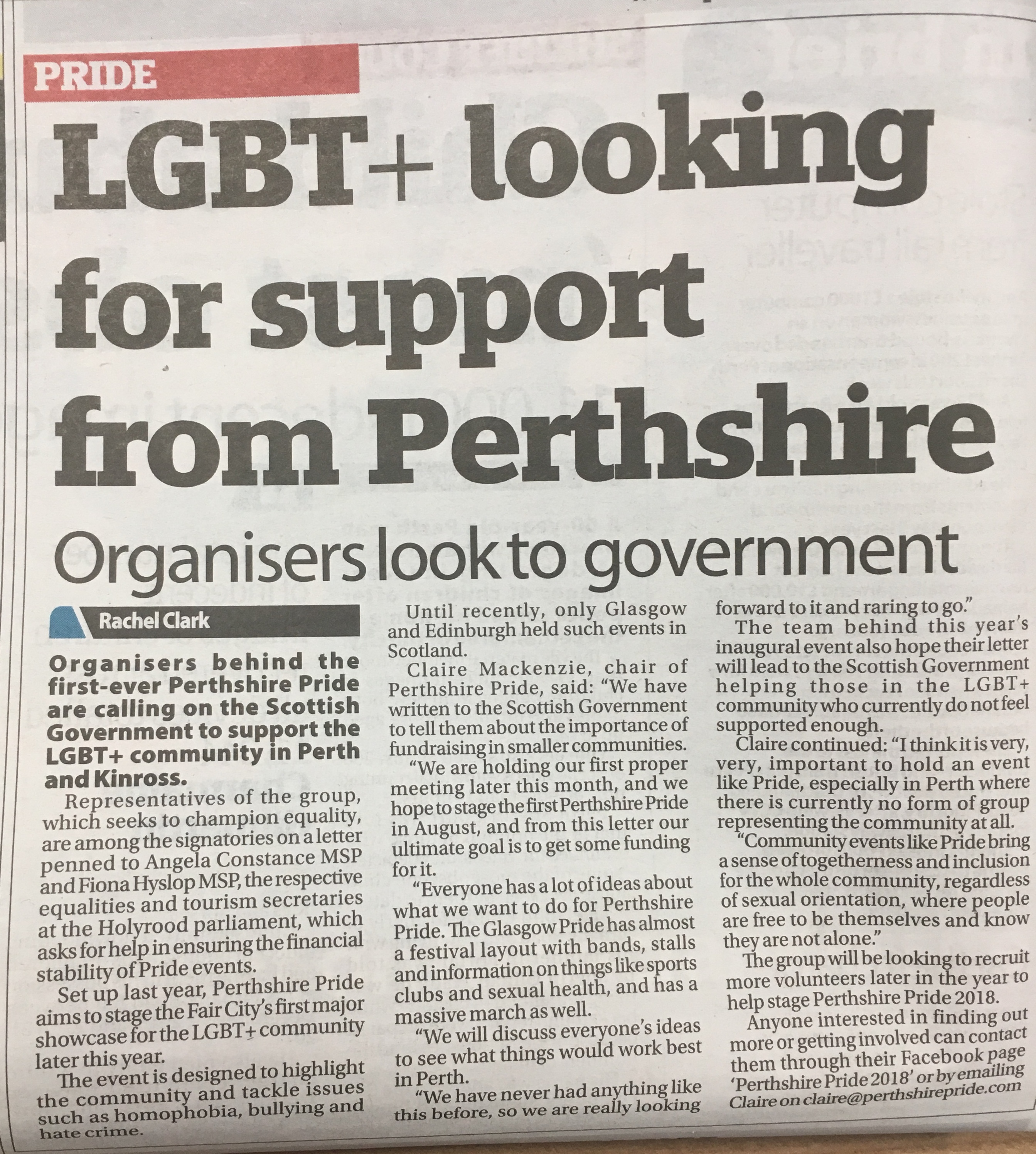 19th January 2018 - Perthshire Pride organisers calling on Scottish Government to support the LGBT+ community in Perth & Kinross.